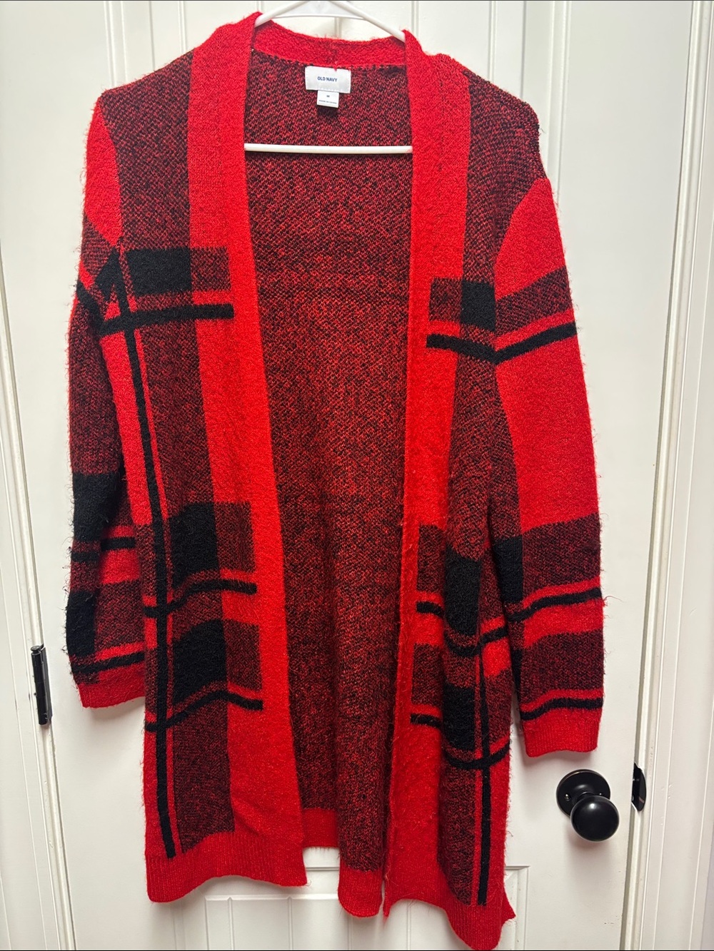 Old Navy Red and Black Plaid Open Cardigan Sweater size M